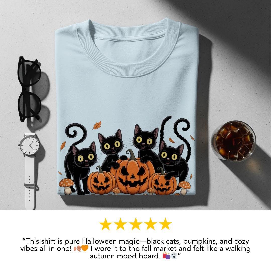 Black Cat Halloween T-Shirt Comfort Colors Cute Pumpkin Cat Tee Spooky Season Fall Tee Funny Cat Lover Shirt Halloween Party Gift Outfit Top