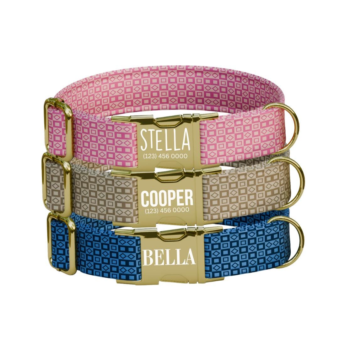 Personalized Modern Geometric Dog Collar with Name Engraved, Cute and Soft Adjustable Collar & Leash Set, Black Gold Buckle Dog Gift (OG-13)