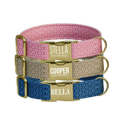 Personalized Modern Geometric Dog Collar with Name Engraved, Cute and Soft Adjustable Collar & Leash Set, Black Gold Buckle Dog Gift (OG-13)