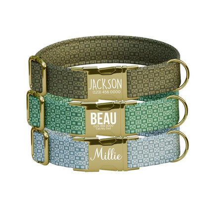 Personalized Modern Geometric Dog Collar with Name Engraved, Cute and Soft Adjustable Collar & Leash Set, Black Gold Buckle Dog Gift (OG-11)