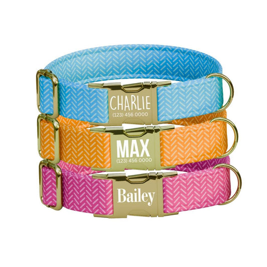 Personalized Chevron Pattern Dog Collar with Name Engraved Cute and Soft Adjustable Collar & Leash Set Black or Gold Buckle Dog Gift (OG-88)