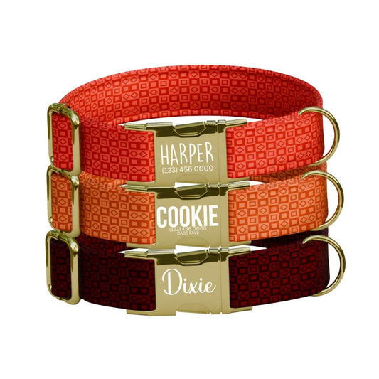 Personalized Modern Geometric Dog Collar with Name Engraved, Cute and Soft Adjustable Collar & Leash Set, Black Gold Buckle Dog Gift (OG-12)