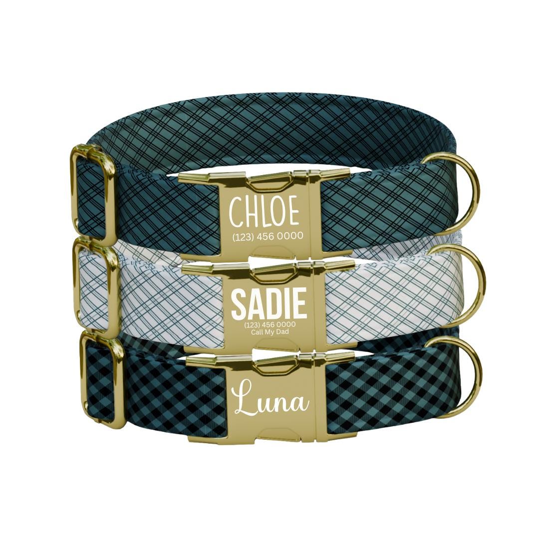 Personalized Gingham Fabric Dog Collar with Name Engraved, Cute and Soft Adjustable Collar & Leash Set Black or Gold Buckle Dog Gift (OG-55)