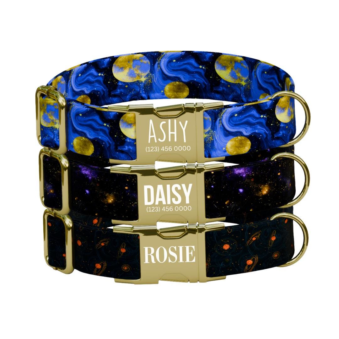 Personalized Galaxy Moon Dog Collar with Name Engraved, Cute and Soft Adjustable Collar & Leash Set, Black or Gold Buckle Dog Gift (OG-92)