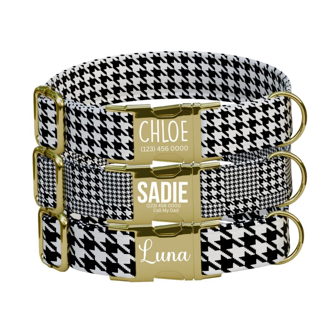 Personalized Houndstooth Dog Collar with Name Engraved, Cute and Soft Adjustable Collar & Leash Set, Black or Gold Buckle Dog Gift (OG-97)