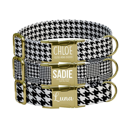 Personalized Houndstooth Dog Collar with Name Engraved, Cute and Soft Adjustable Collar & Leash Set, Black or Gold Buckle Dog Gift (OG-97)