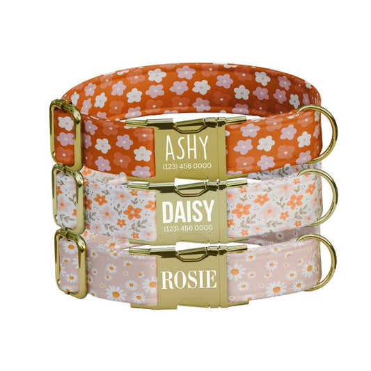 Personalized Orange Floral Dog Collar with Name Engraved Cute and Soft Adjustable Collar & Leash Set, Black or Gold Buckle Dog Gift (OG-110)