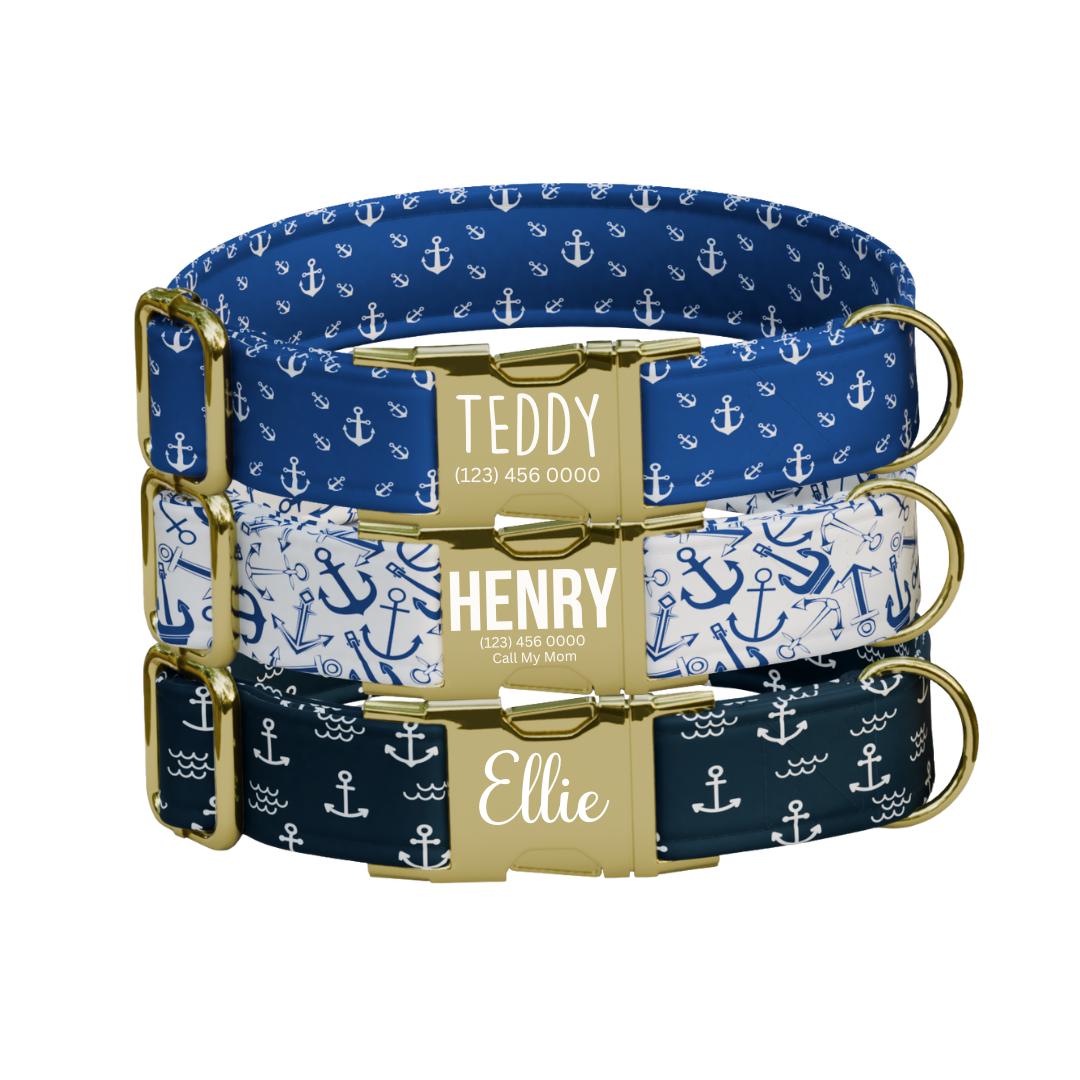 Personalized Nautical Dog Collar with Name Engraved Cute and Soft Anchor Adjustable Collar & Leash Set Black / Gold Buckle Dog Gift (OG-105)
