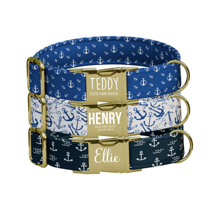 Personalized Nautical Dog Collar with Name Engraved Cute and Soft Anchor Adjustable Collar & Leash Set Black / Gold Buckle Dog Gift (OG-105)