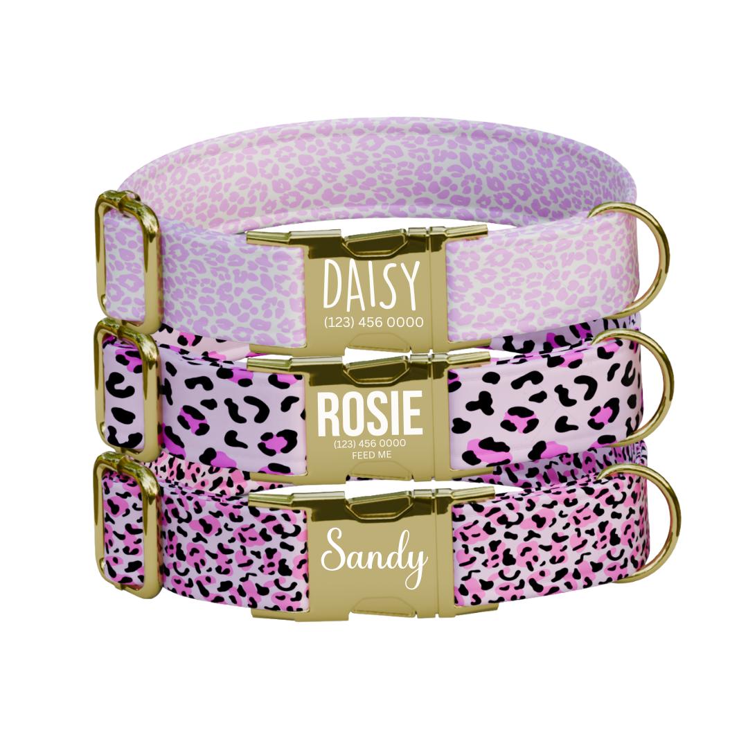Personalized Pink Leopard Dog Collar with Name Engraved Cute and Soft Adjustable Collar & Leash Set Black or Gold Buckle Dog Gift (OG-99)