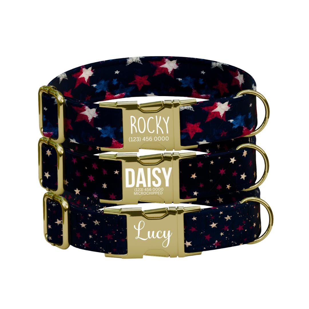Personalized Starry Night Dog Collar with Name Engraved Cute & Soft Adjustable Collar Leash Set Unique Star Striped Pet Dog Tag Gift (OG-83)