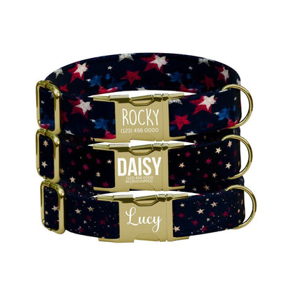 Personalized Starry Night Dog Collar with Name Engraved Cute & Soft Adjustable Collar Leash Set Unique Star Striped Pet Dog Tag Gift (OG-83)