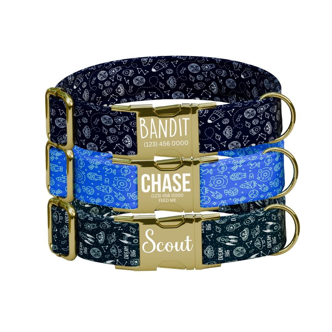 Personalized Space Rockets Dog Collar with Name Engraved Cute & Soft Adjustable Collar Leash Set Unique Astronaut Pet Dog Tag Gift (OG-76)