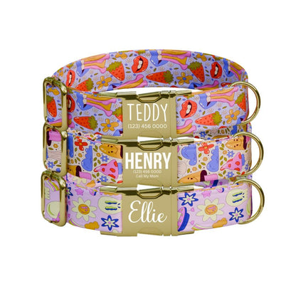 Personalized Retro Groovy Dog Collar with Name Engraved Cute & Soft Adjustable Collar Leash Set, Unique Funky Print Dog Tag Gift (OG-75)