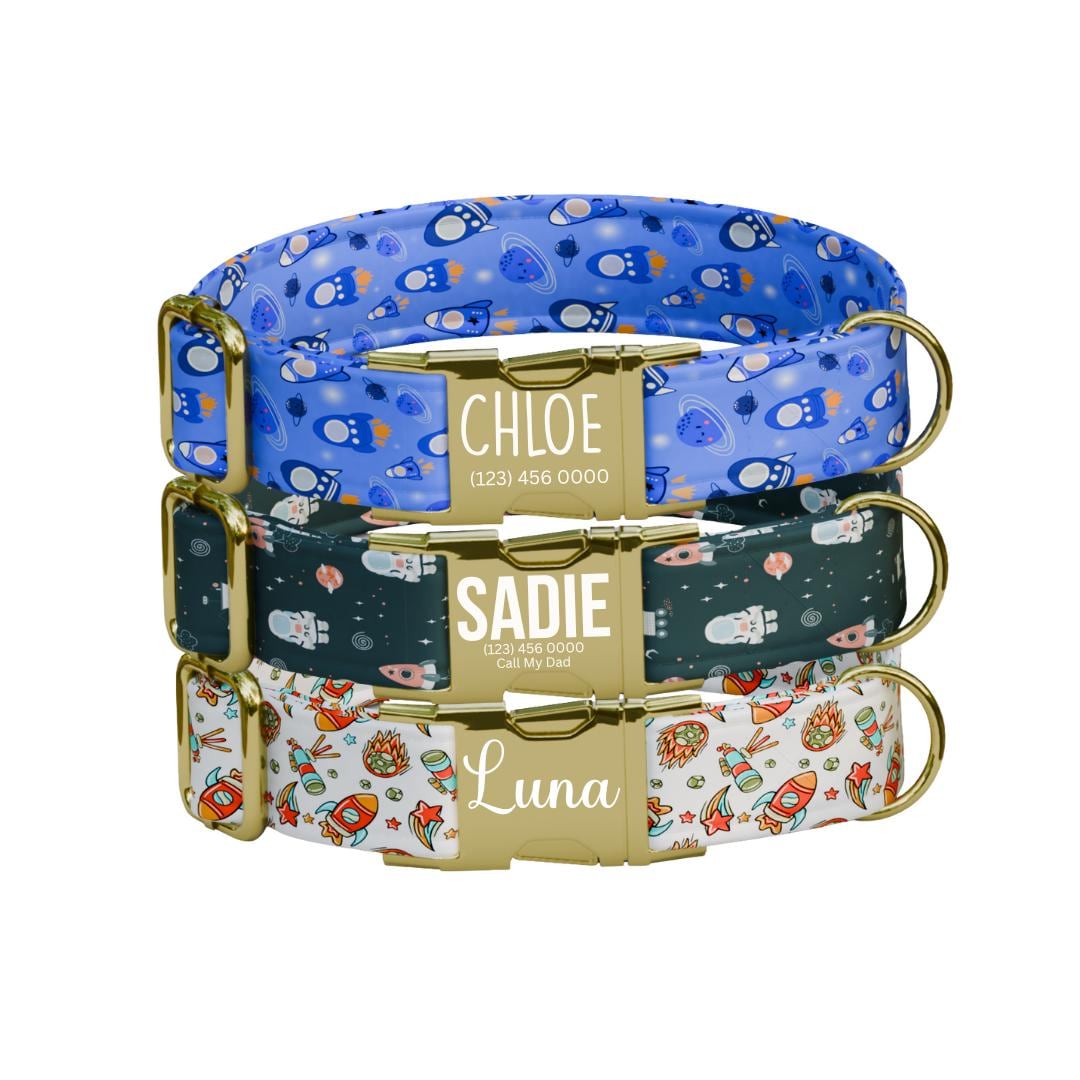 Personalized Space Rockets Dog Collar with Name Engraved Cute & Soft Adjustable Collar Leash Set Unique Astronaut Pet Dog Tag Gift (OG-74)