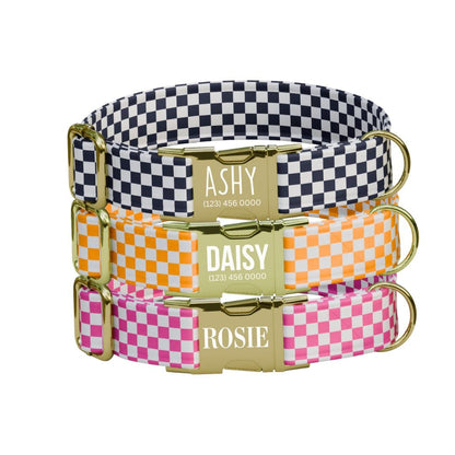 Personalized Checkered Flag Dog Collar with Name Engraved Cute and Soft Adjustable Collar & Leash Set Black or Gold Buckle Dog Gift (OG-90)