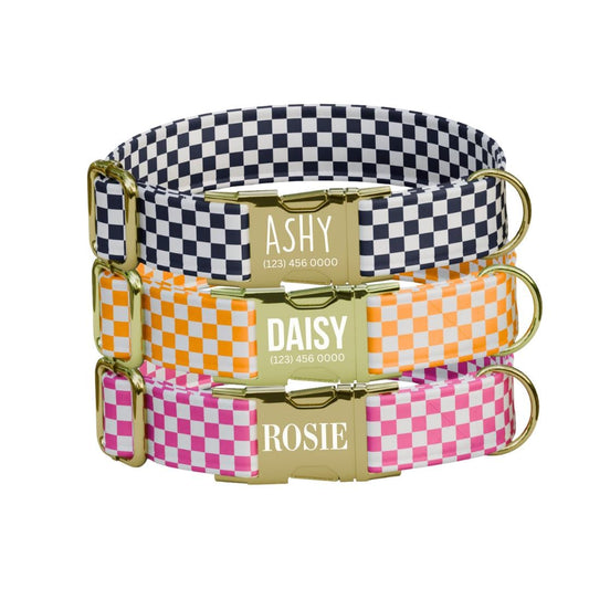 Personalized Checkered Flag Dog Collar with Name Engraved Cute and Soft Adjustable Collar & Leash Set Black or Gold Buckle Dog Gift (OG-90)