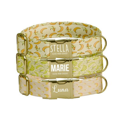 Personalized Banana Dog Collar with Name Engraved Cute & Soft Banana Adjustable Collar Leash Set Unique Fun Fruit Print Dog Tag Gift (OG-70)