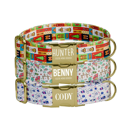 Personalized Adventure Dog Collar with Name Engraved Cute Soft Camping Style Adjustable Collar Leash Set Black & Gold Dog Tag Gift (OG-66)
