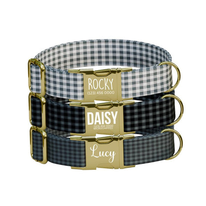 Personalized Gingham Fabric Dog Collar with Name Engraved, Cute and Soft Adjustable Collar & Leash Set Black or Gold Buckle Dog Gift (OG-54)