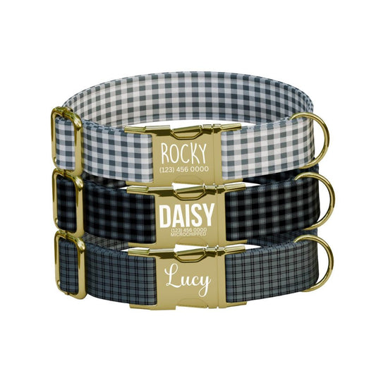 Personalized Gingham Fabric Dog Collar with Name Engraved, Cute and Soft Adjustable Collar & Leash Set Black or Gold Buckle Dog Gift (OG-54)