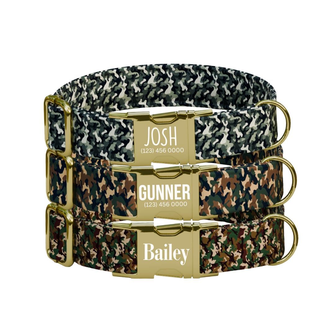 Personalized Camouflage Dog Collar with Name Engraved Cute & Soft Military Style Adjustable Collar Leash Set Wedding Dog Tag Gift (OG-52)