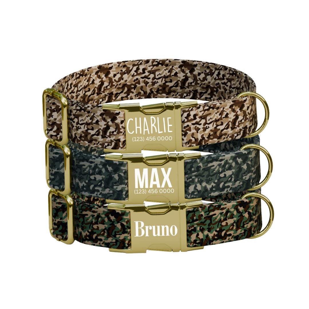 Personalized Camouflage Dog Collar with Name Engraved Cute & Soft Military Style Adjustable Collar Leash Set Wedding Dog Tag Gift (OG-53)