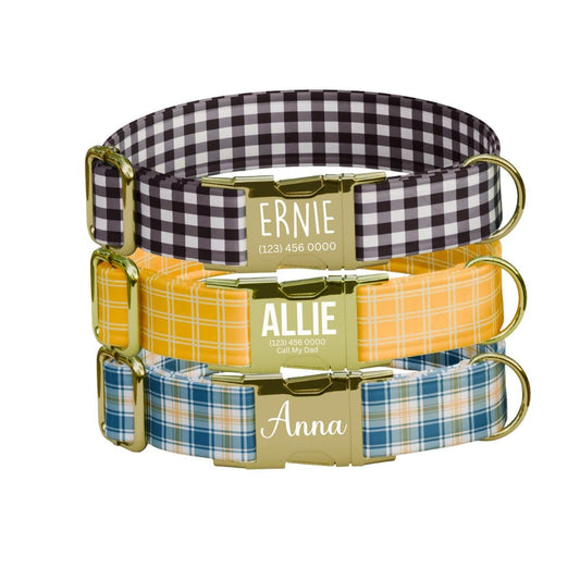 Personalized Plaid Gingham Dog Collar with Name Engraved Cute and Soft Adjustable Collar & Leash Set Black Gold Buckle Dog Gift (OG-154)