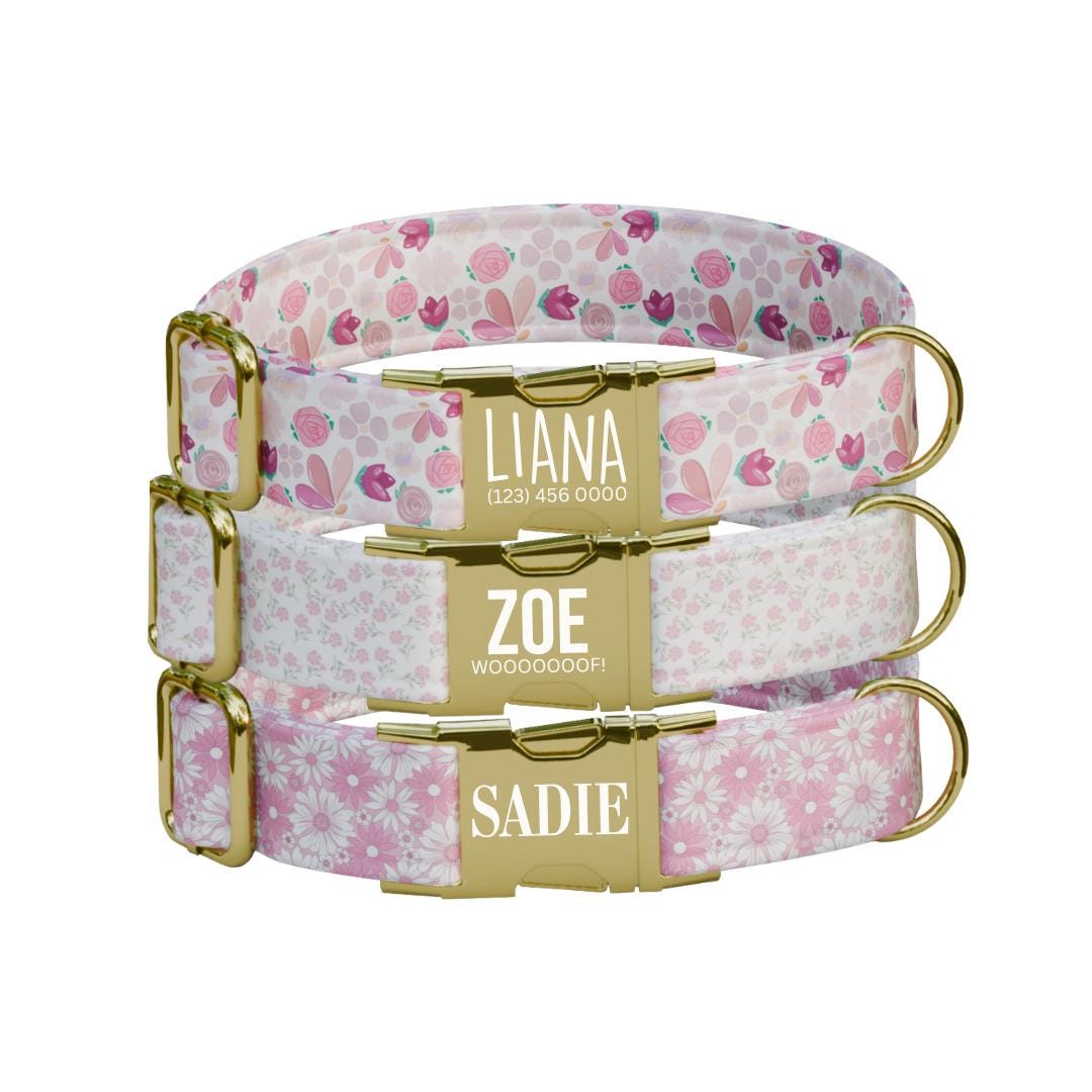 Personalized Floral Dog Collar with Name Engraved, Cute and Soft Adjustable Collar & Leash Set, Black or Gold Buckle, Dog Gift (OG-03)
