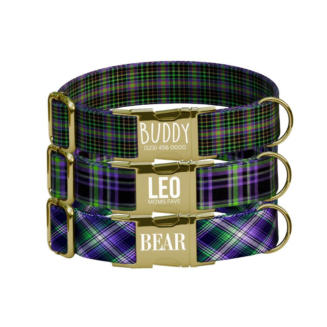 Personalized Green and Purple Plaid Dog Collar with Name Engraved, Soft Adjustable Collar & Leash Set, Black or Gold Buckle Dog Gift (OG-37)