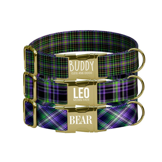 Personalized Green and Purple Plaid Dog Collar with Name Engraved, Soft Adjustable Collar & Leash Set, Black or Gold Buckle Dog Gift (OG-37)