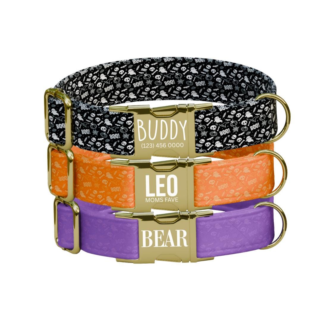 Personalized Halloween Dog Collar with Name Engraved, Cute and Soft Adjustable Fall Collar & Leash Set Black or Gold Buckle Dog Gift (OG-38)