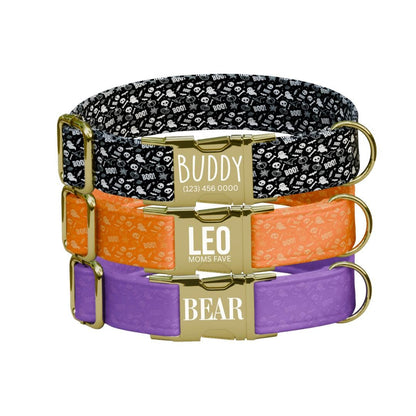 Personalized Halloween Dog Collar with Name Engraved, Cute and Soft Adjustable Fall Collar & Leash Set Black or Gold Buckle Dog Gift (OG-38)