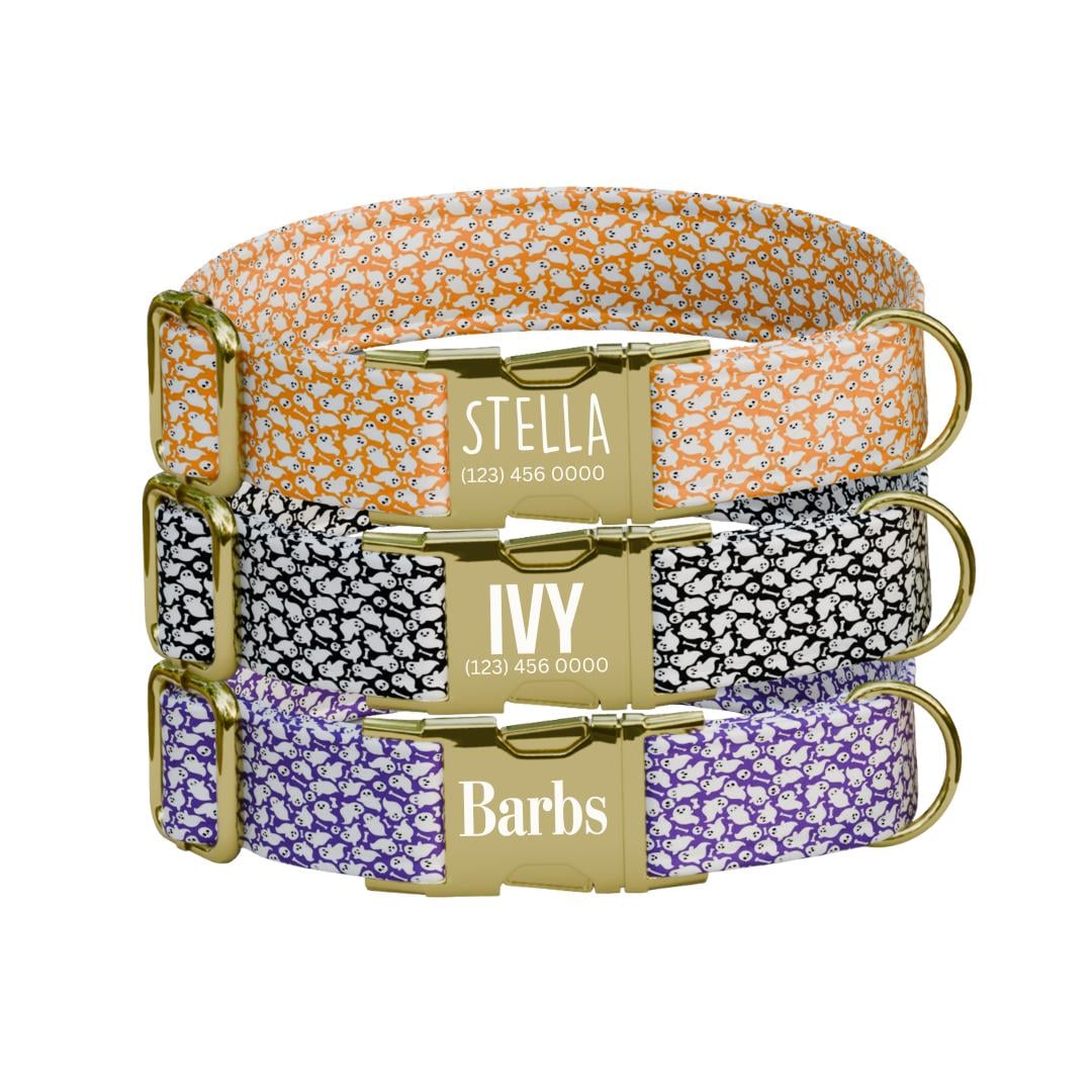 Personalized Halloween Dog Collar with Name Engraved, Cute and Soft Adjustable Fall Collar & Leash Set Black or Gold Buckle Dog Gift (OG-39)