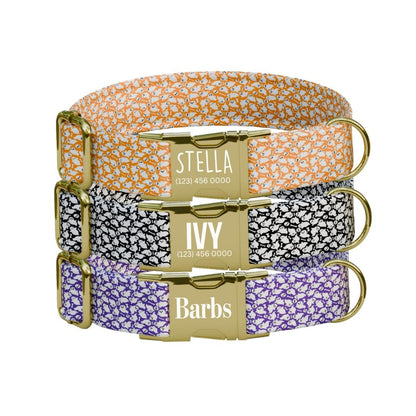 Personalized Halloween Dog Collar with Name Engraved, Cute and Soft Adjustable Fall Collar & Leash Set Black or Gold Buckle Dog Gift (OG-39)