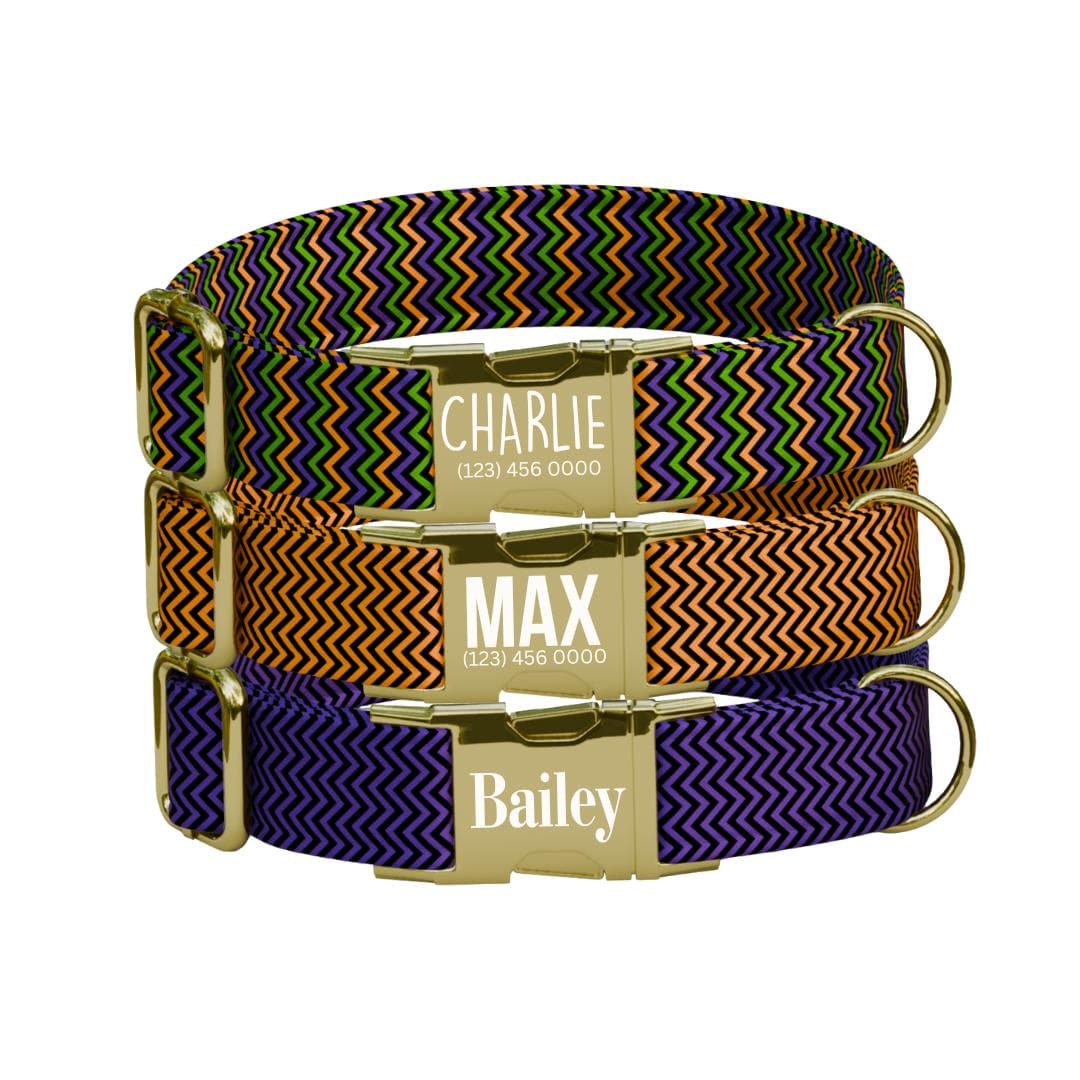Personalized Spooky Chevron Dog Collar with Name Engraved, Cute and Soft Adjustable Collar & Leash Set Black or Gold Buckle Dog Gift (OG-40)
