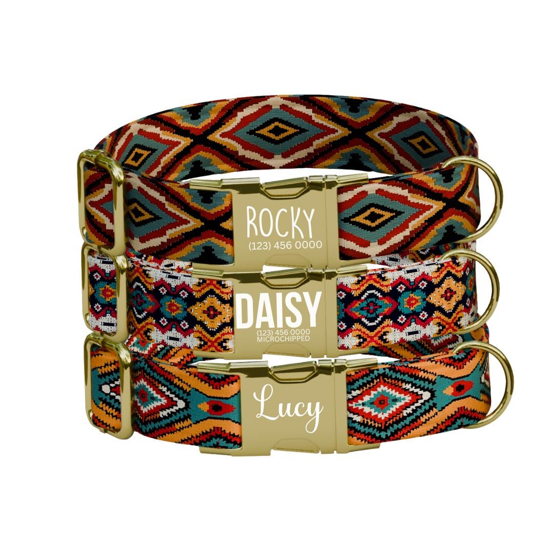 Personalized Southwestern Dog Collar with Name Engraved, Cute and Soft Adjustable Collar & Leash Set, Black or Gold Buckle Dog Gift (OG-43)