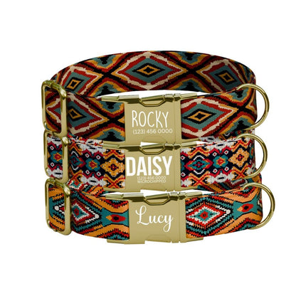 Personalized Southwestern Dog Collar with Name Engraved, Cute and Soft Adjustable Collar & Leash Set, Black or Gold Buckle Dog Gift (OG-43)
