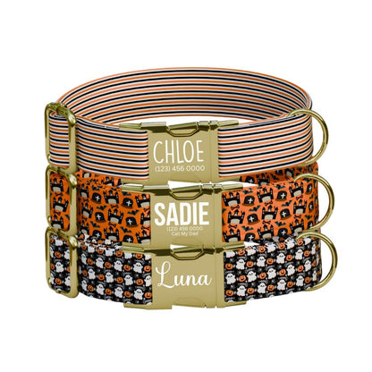 Personalized Halloween Dog Collar with Name Engraved, Cute and Soft Adjustable Fall Collar & Leash Set Black or Gold Buckle Dog Gift (OG-31)