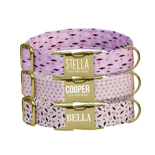 Personalized Halloween Dog Collar with Name Engraved, Cute and Soft Adjustable Pink Collar & Leash Set Black or Gold Buckle Dog Gift (OG-32)