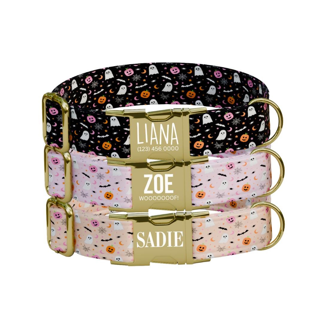 Personalized Halloween Dog Collar with Name Engraved, Cute and Soft Adjustable Fall Collar & Leash Set Black or Gold Buckle Dog Gift (OG-34)