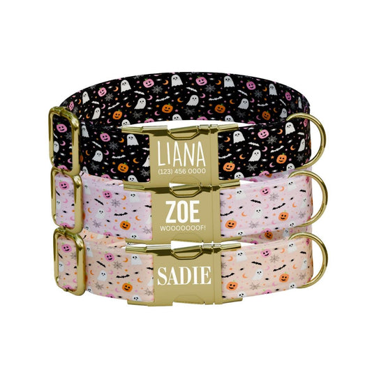 Personalized Halloween Dog Collar with Name Engraved, Cute and Soft Adjustable Fall Collar & Leash Set Black or Gold Buckle Dog Gift (OG-34)