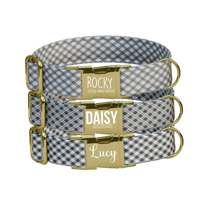 Personalized Gingham Fabric Dog Collar with Name Engraved, Cute and Soft Adjustable Collar & Leash Set Black or Gold Buckle Dog Gift (OG-22)