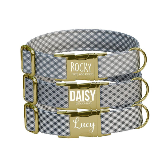 Personalized Gingham Fabric Dog Collar with Name Engraved, Cute and Soft Adjustable Collar & Leash Set Black or Gold Buckle Dog Gift (OG-22)