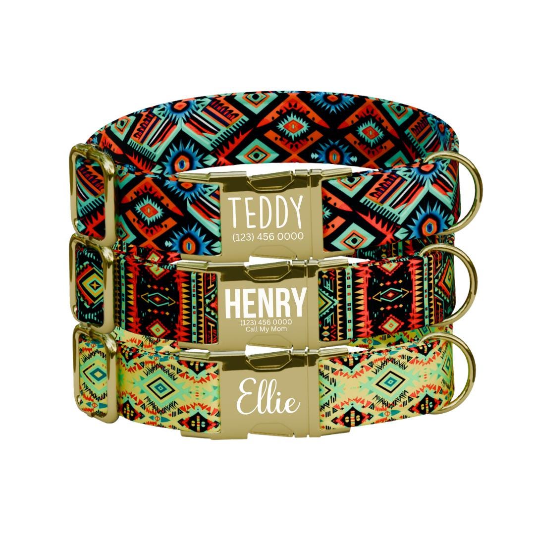 Personalized Southwestern Dog Collar with Name Engraved, Cute and Soft Adjustable Collar & Leash Set, Black or Gold Buckle Dog Gift (OG-23)