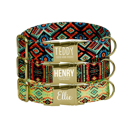 Personalized Southwestern Dog Collar with Name Engraved, Cute and Soft Adjustable Collar & Leash Set, Black or Gold Buckle Dog Gift (OG-23)