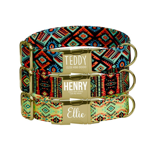 Personalized Southwestern Dog Collar with Name Engraved, Cute and Soft Adjustable Collar & Leash Set, Black or Gold Buckle Dog Gift (OG-23)