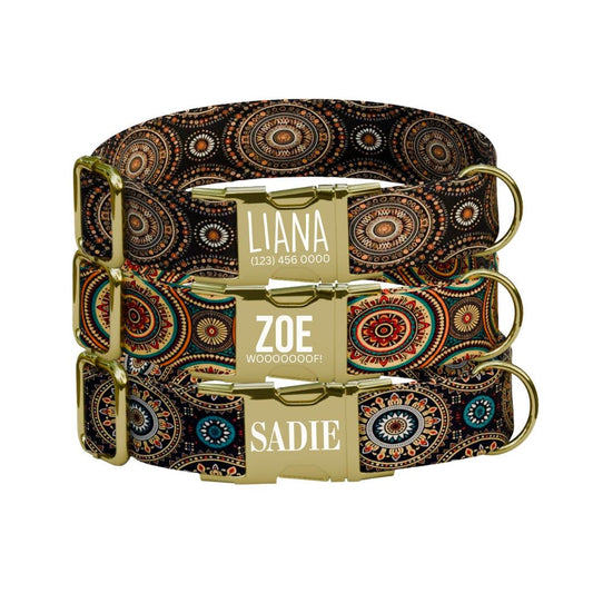Personalized Mandala Boho Dog Collar with Name Engraved, Cute and Soft Adjustable Collar & Leash Set, Black or Gold Buckle Dog Gift (OG-26)