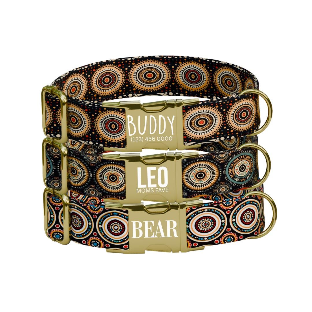 Personalized Stylish Boho Dog Collar with Name Engraved, Cute and Soft Adjustable Collar & Leash Set, Black or Gold Buckle Dog Gift (OG-27)