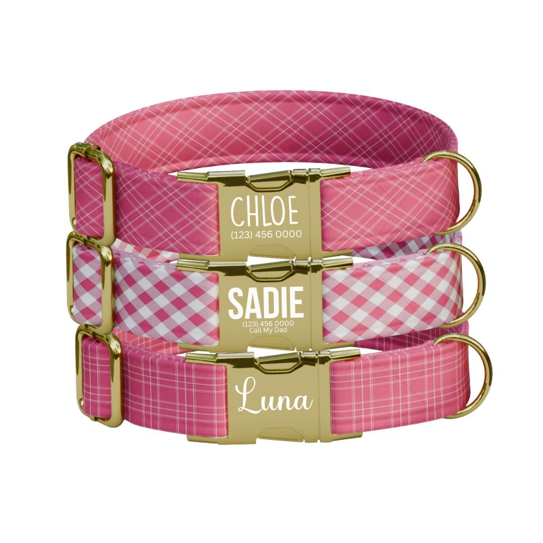 Personalized Pink Checkered Dog Collar with Name Engraved, Cute and Soft Adjustable Collar & Leash Set Black or Gold Buckle Dog Gift (OG-29)